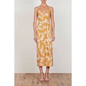Shona Joy Phoenix Midi Slip Dress in Yellow/ Stone Belted Feather Print Size 6